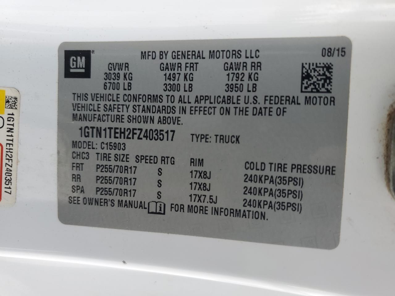 2015 GMC Sierra C1500 VIN: 1GTN1TEH2FZ403517 Lot: 64770535