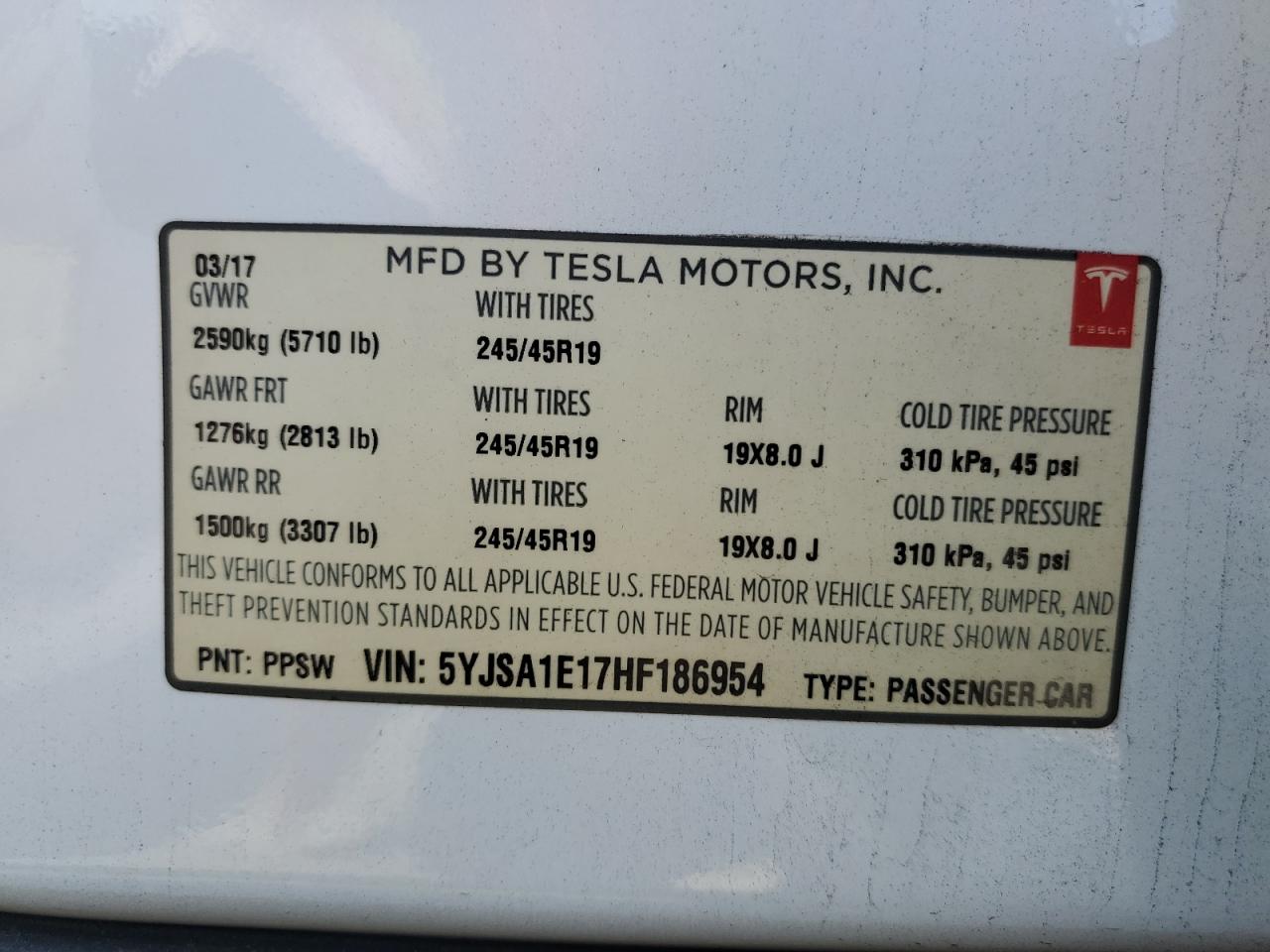 2017 Tesla Model S VIN: 5YJSA1E17HF186954 Lot: 64981335