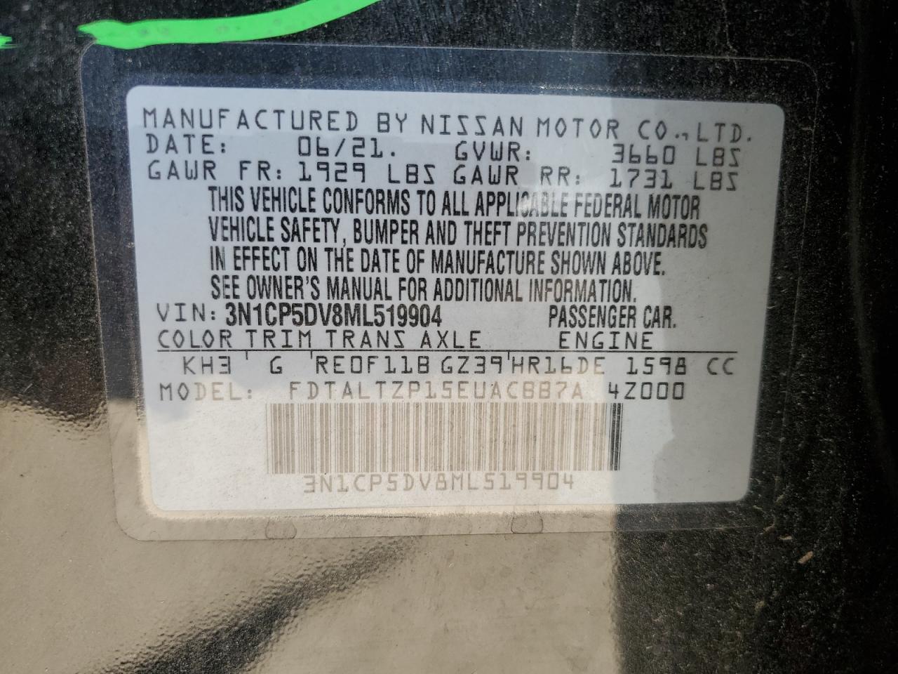 2021 Nissan Kicks Sr VIN: 3N1CP5DV8ML519904 Lot: 62931575