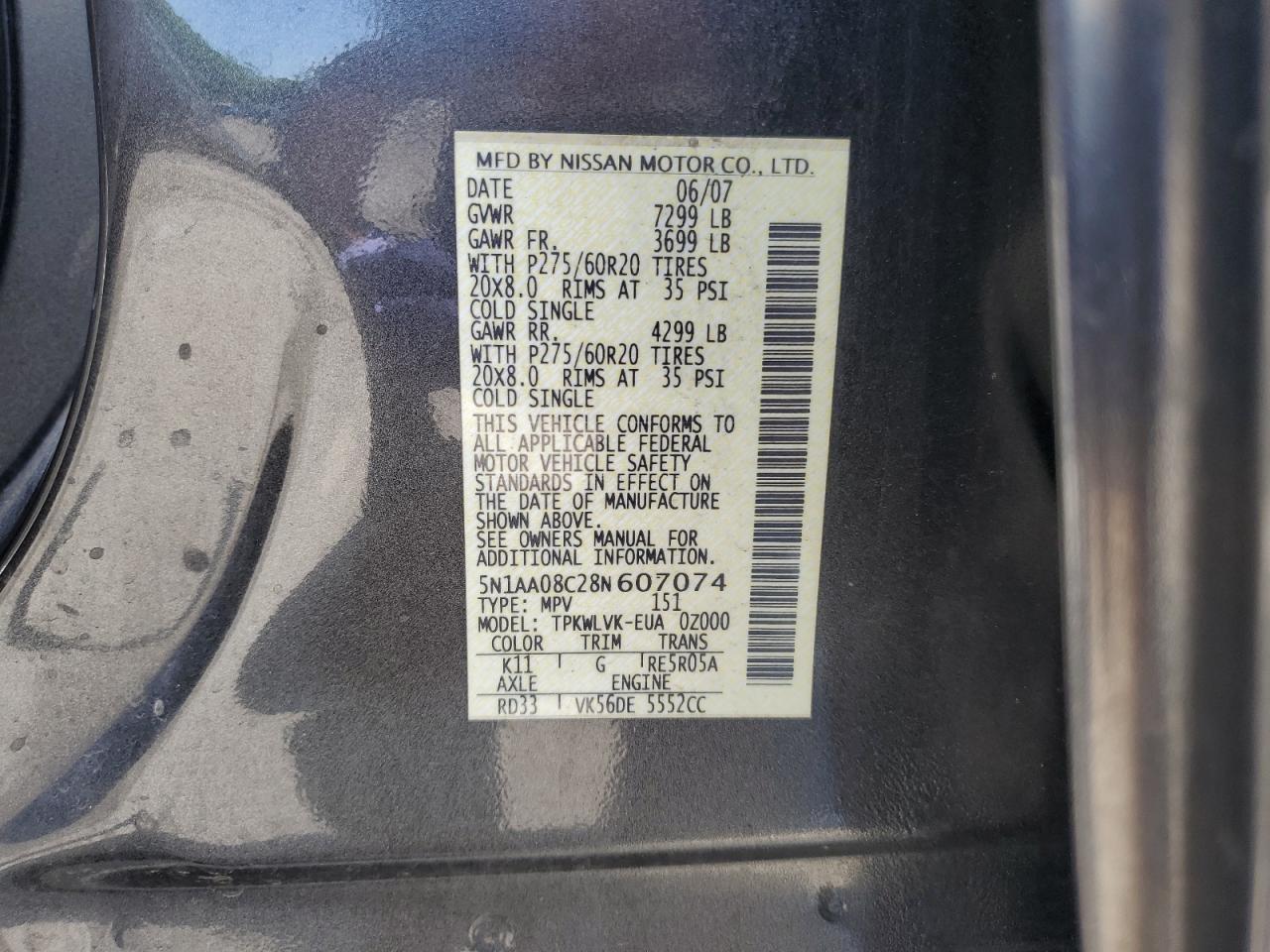 2008 Nissan Armada Se VIN: 5N1AA08C28N607074 Lot: 62590485