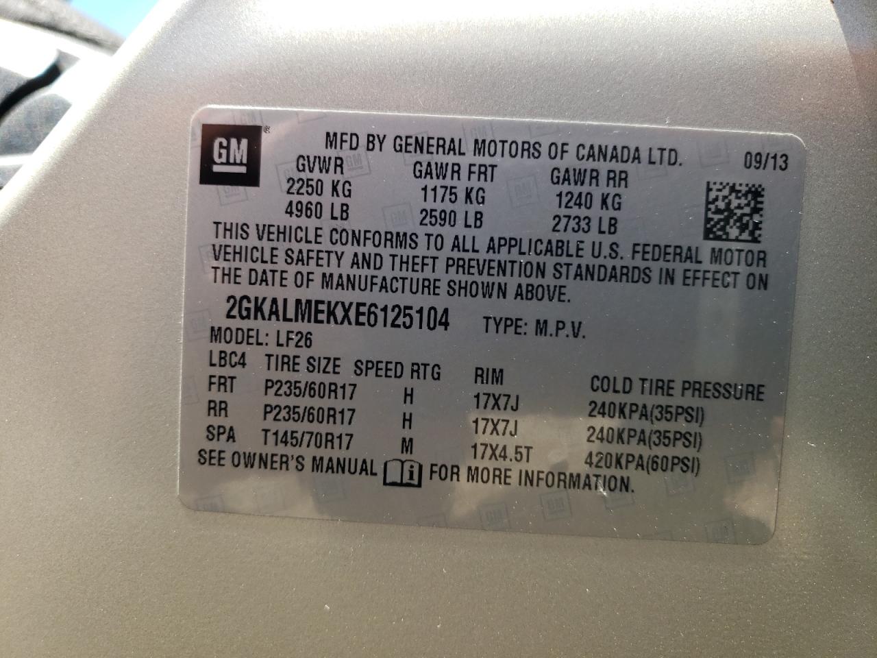 2014 GMC Terrain Sle VIN: 2GKALMEKXE6125104 Lot: 65131995