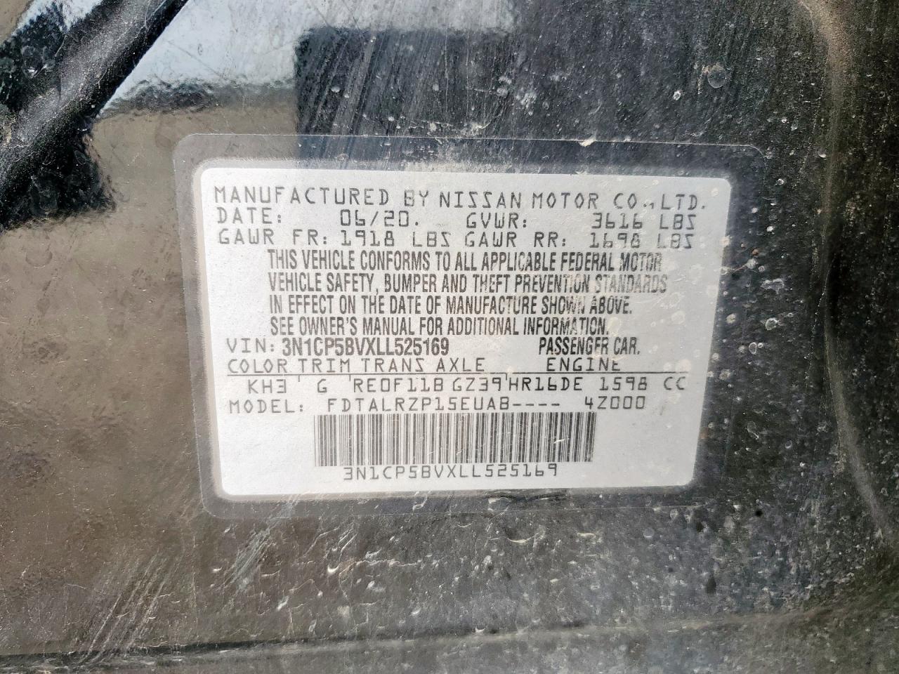 2020 Nissan Kicks S VIN: 3N1CP5BVXLL525169 Lot: 65058565