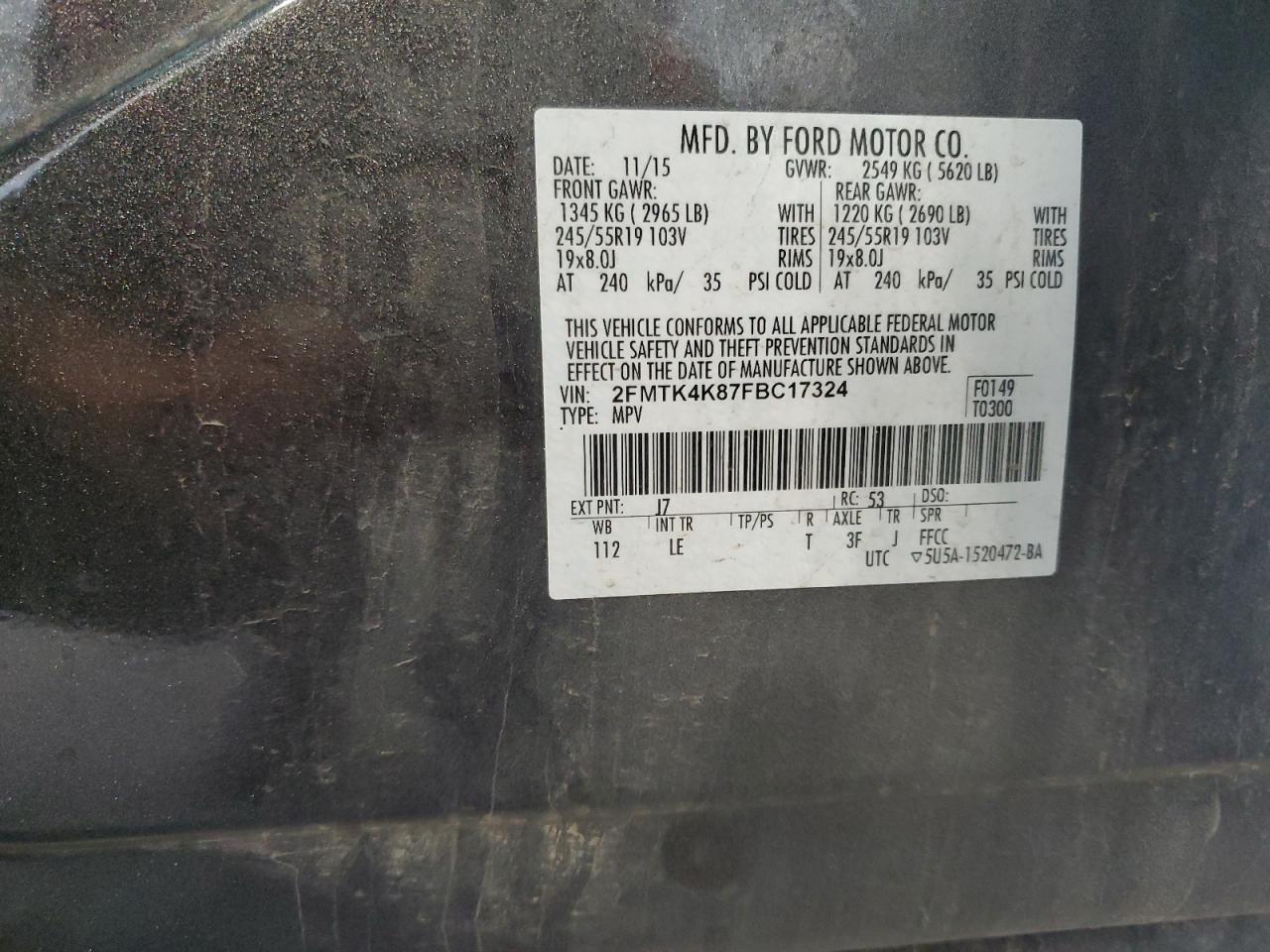 2015 Ford Edge Titanium VIN: 2FMTK4K87FBC17324 Lot: 64820035