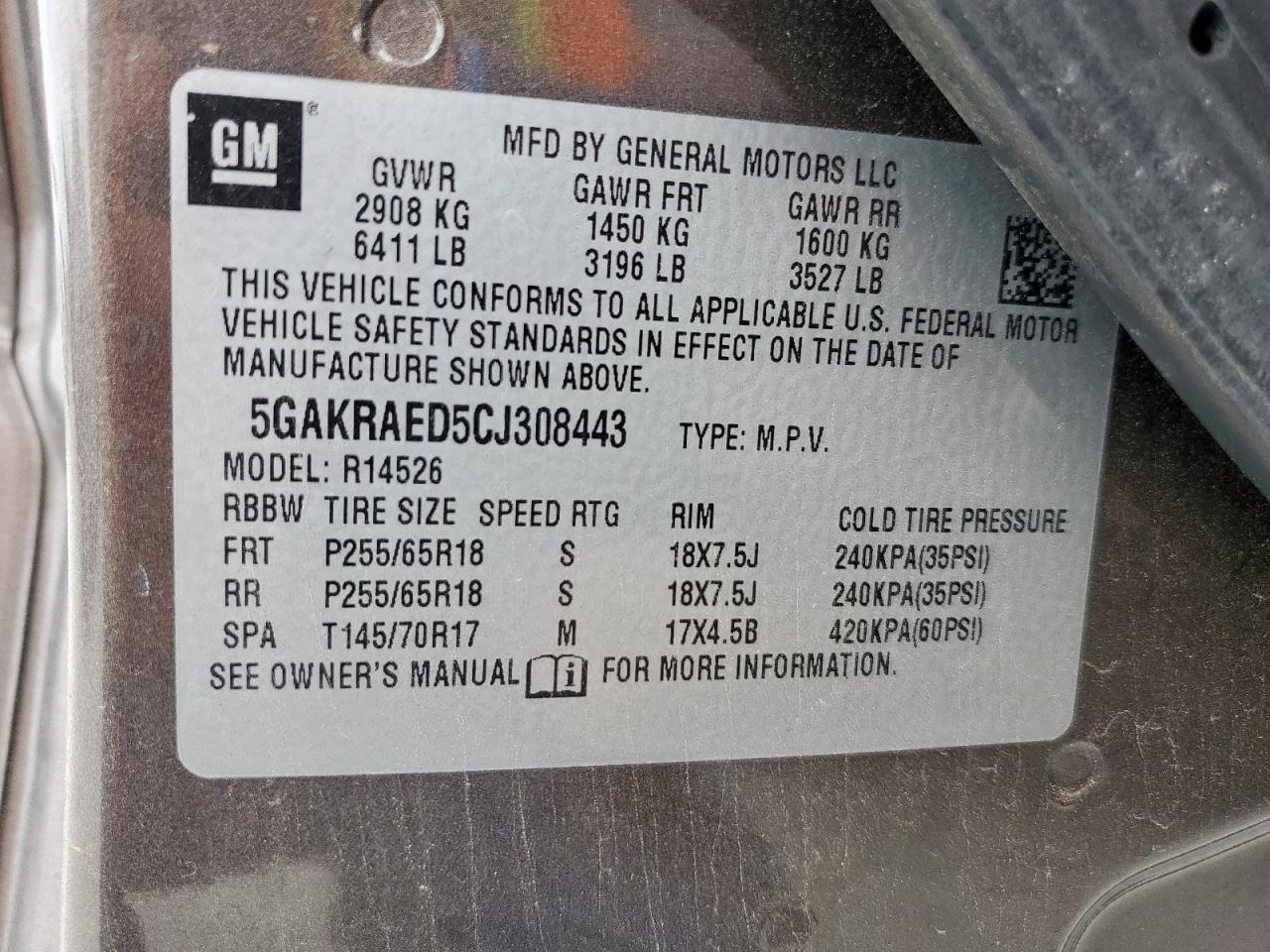 2012 Buick Enclave VIN: 5GAKRAED5CJ308443 Lot: 64454115