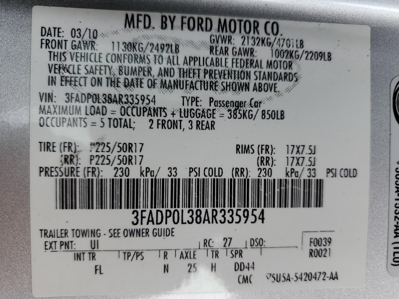 2010 Ford Fusion Hybrid VIN: 3FADP0L38AR335954 Lot: 64844345