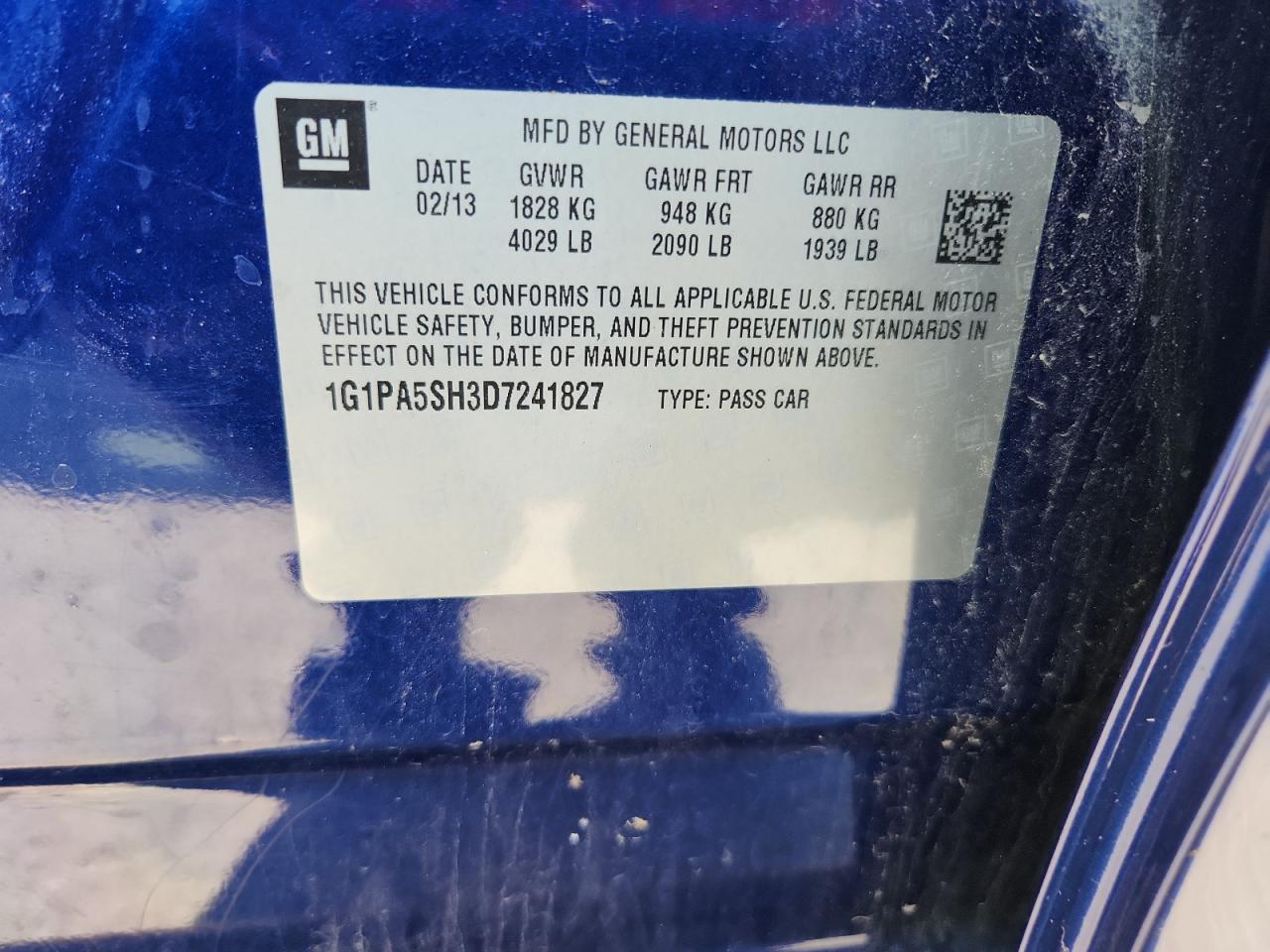 2013 Chevrolet Cruze Ls VIN: 1G1PA5SH3D7241827 Lot: 64448245