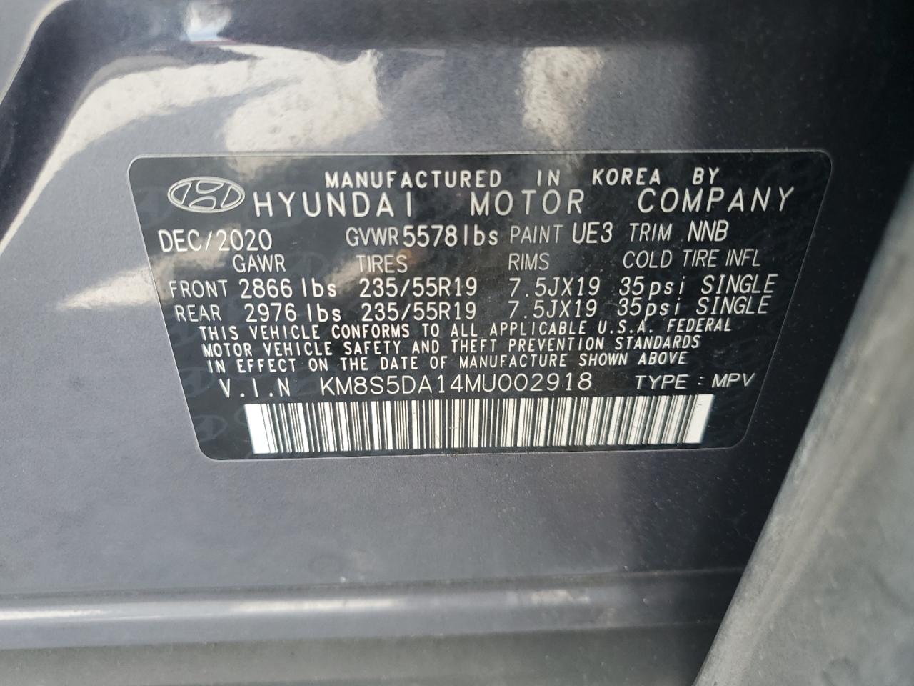 2021 Hyundai Santa Fe Limited VIN: KM8S5DA14MU002918 Lot: 62723985