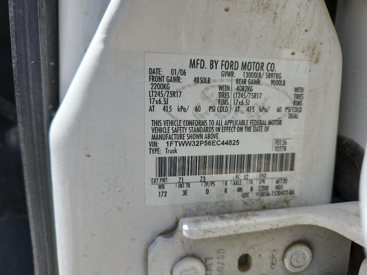 2006 Ford F350 Super Duty VIN: 1FTWW32P56EC44825 Lot: 64183965