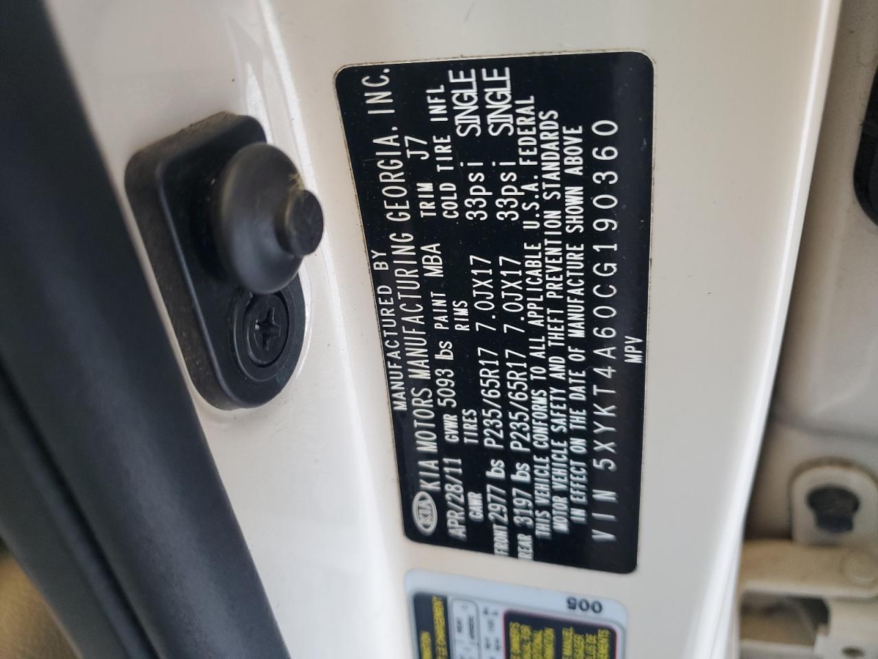 2012 Kia Sorento Base VIN: 5XYKT4A60CG190360 Lot: 63391295