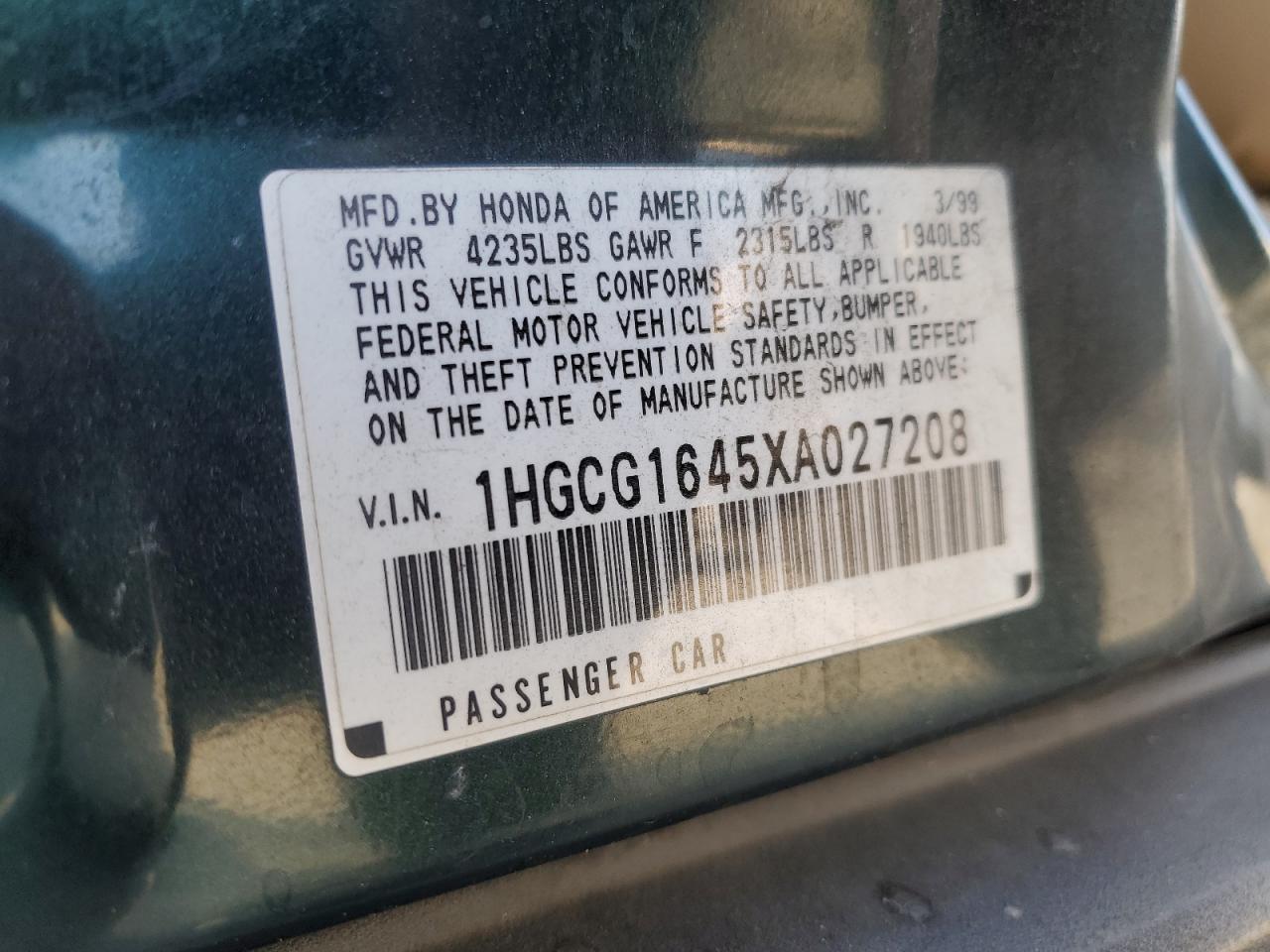 1999 Honda Accord Lx VIN: 1HGCG1645XA027208 Lot: 64486405