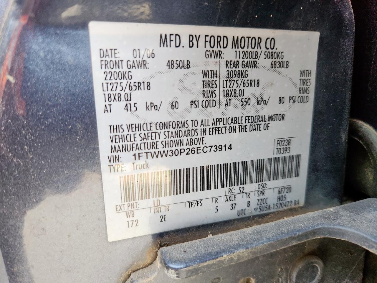 2006 Ford F350 Srw Super Duty VIN: 1FTWW30P26EC73914 Lot: 64889345