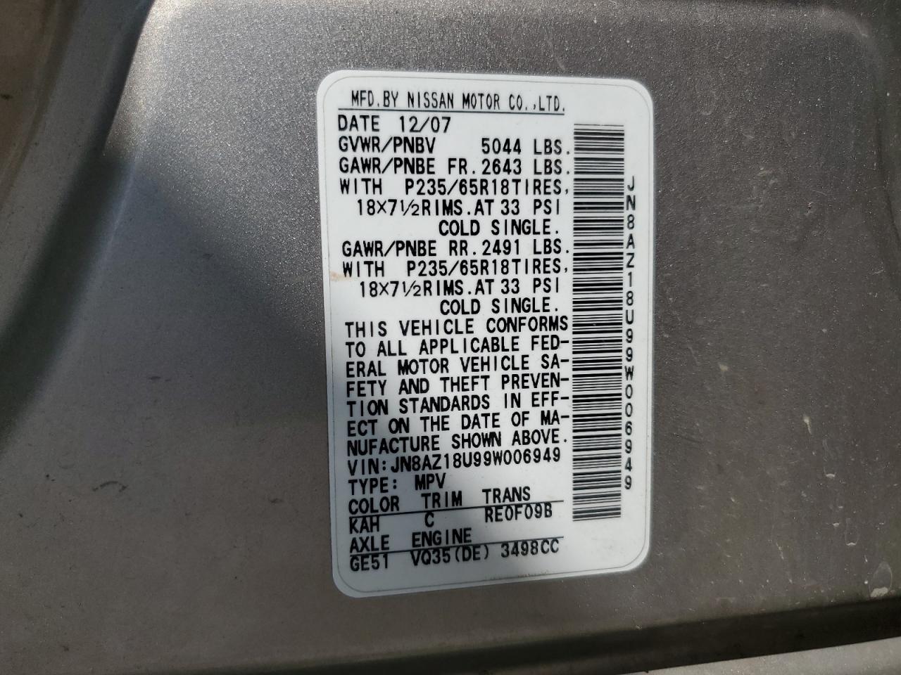 2009 Nissan Murano S VIN: JN8AZ18U99W006949 Lot: 63090985