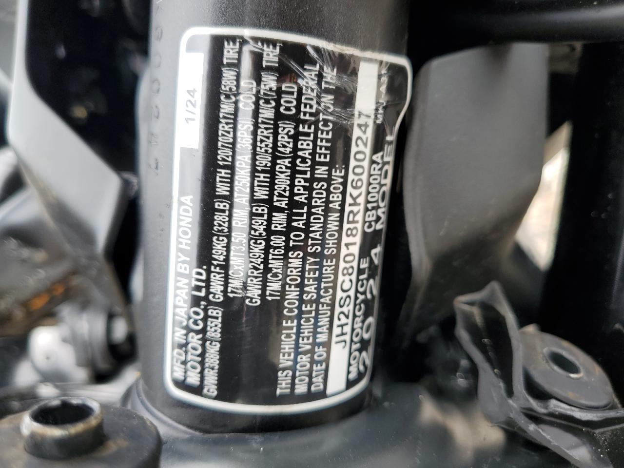 2024 Honda Cb1000 Ra VIN: JH2SC8018RK600247 Lot: 63234125