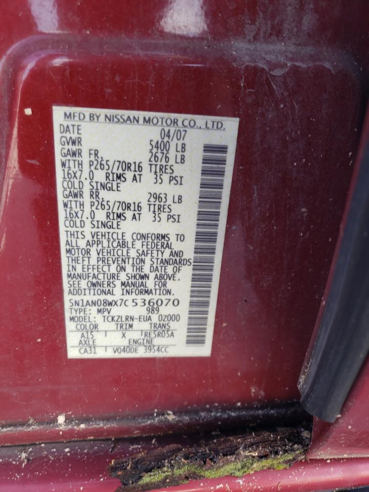 2007 Nissan Xterra Off Road VIN: 5N1AN08WX7C536070 Lot: 64878585