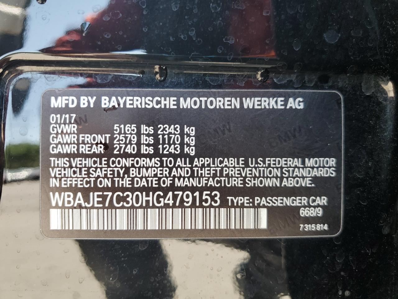 2017 BMW 540 Xi VIN: WBAJE7C30HG479153 Lot: 63239315
