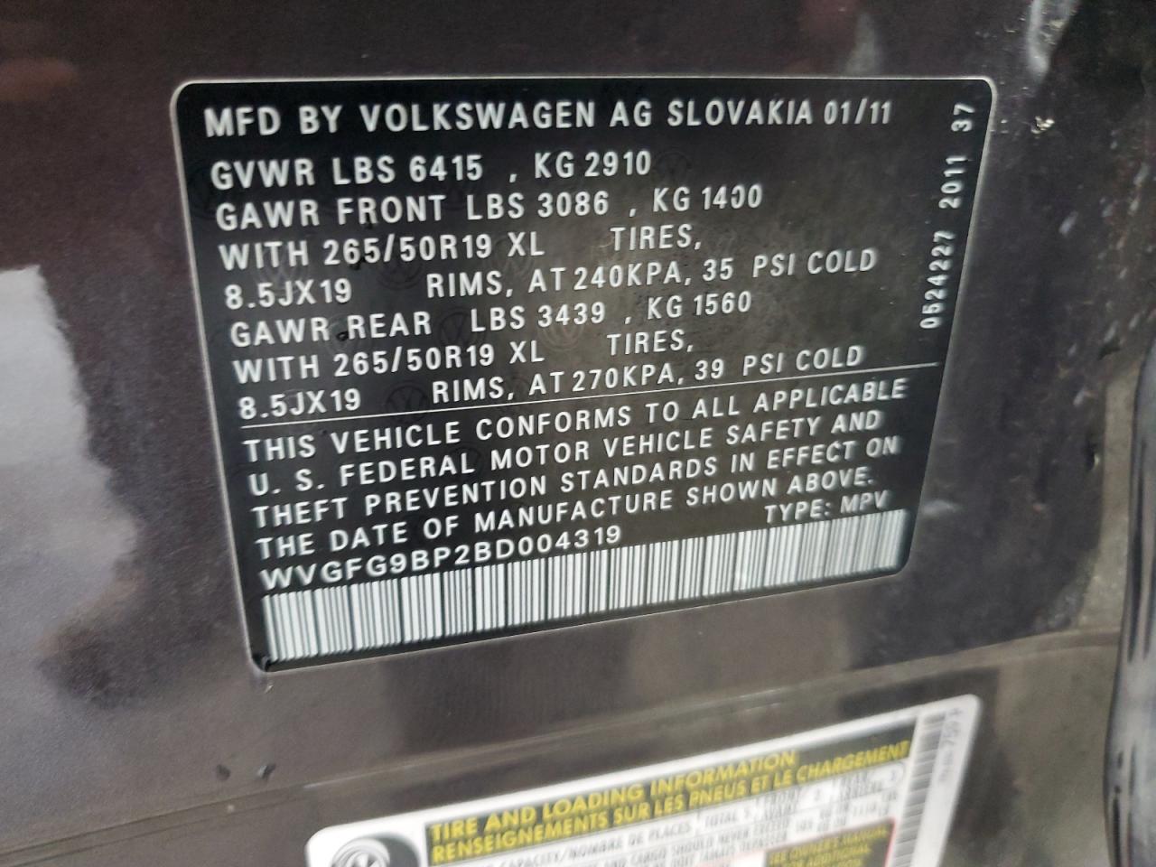 2011 Volkswagen Touareg Hybrid VIN: WVGFG9BP2BD004319 Lot: 62562165
