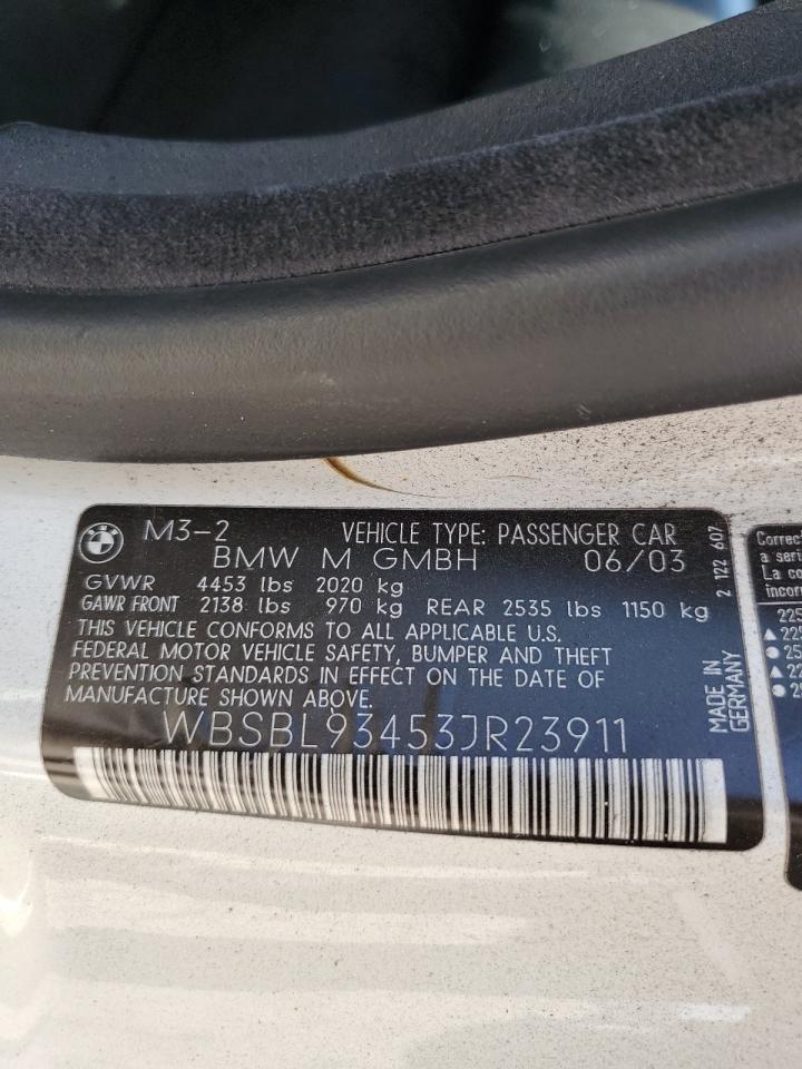 2003 BMW M3 VIN: WBSBL93453JR23911 Lot: 63701995
