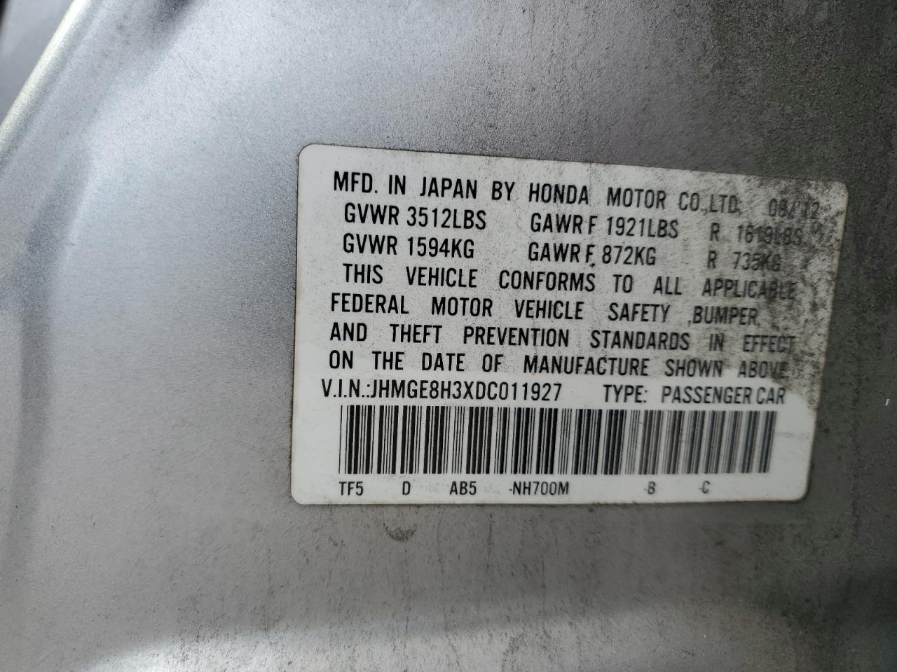 2013 Honda Fit VIN: JHMGE8H3XDC011927 Lot: 63961255