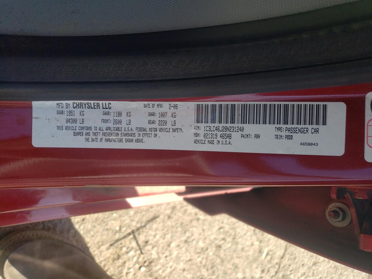 2008 Chrysler Sebring Lx VIN: 1C3LC46J28N231240 Lot: 63447065
