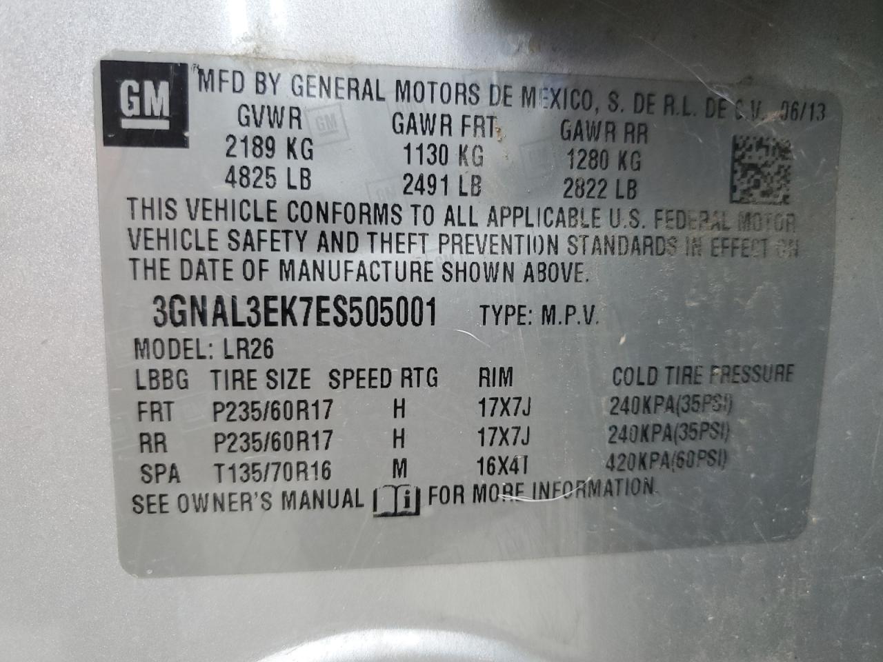 3gnal3ek7es505001 3GNAL3EK7ES505001 2014 Chevrolet Captiva Lt