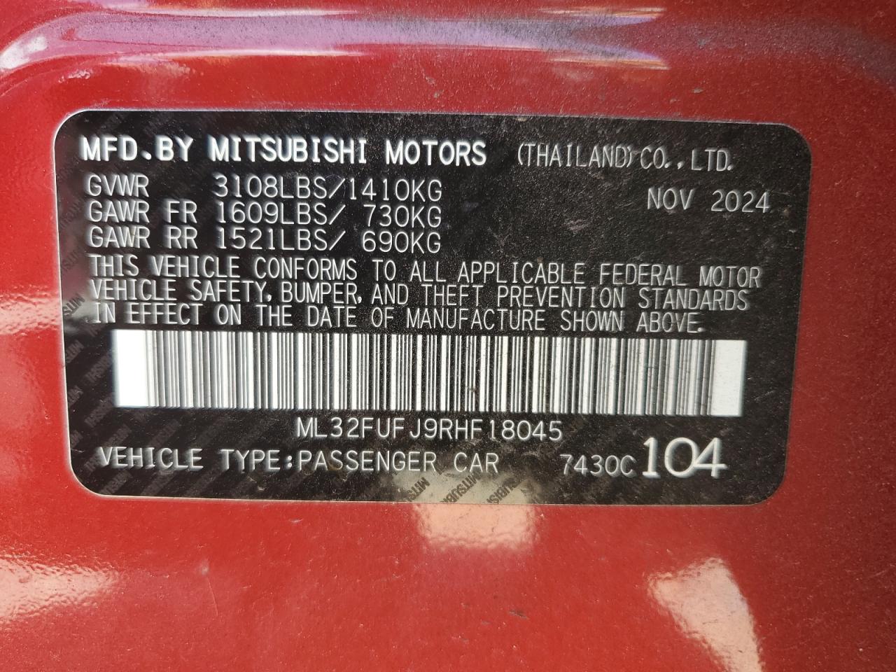 2024 Mitsubishi Mirage G4 Es VIN: ML32FUFJ9RHF18045 Lot: 65426505