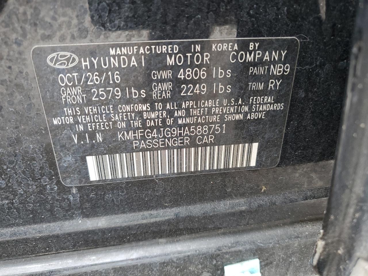 2017 Hyundai Azera VIN: KMHFG4JG9HA588751 Lot: 65769145