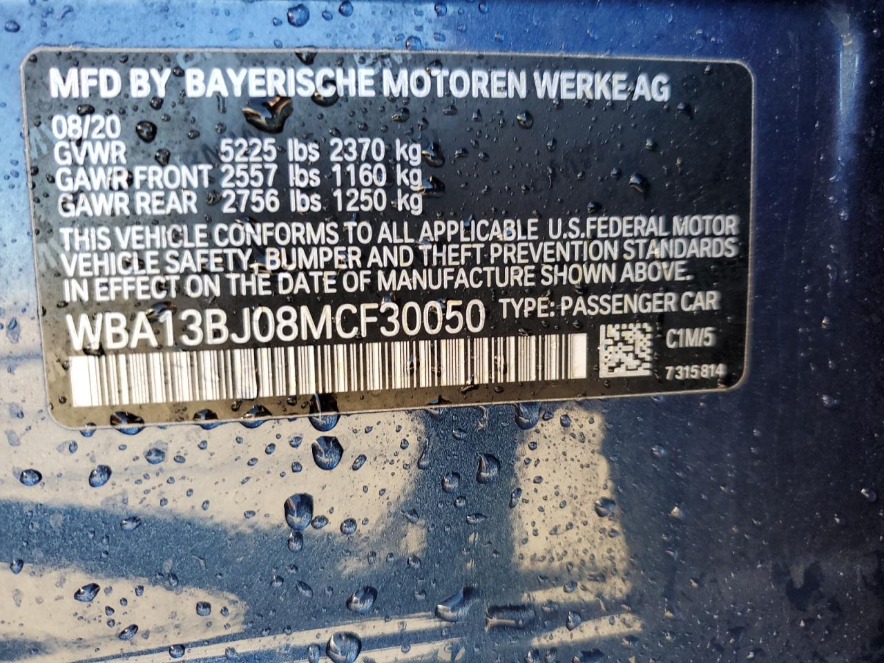2021 BMW 530 Xi VIN: WBA13BJ08MCF30050 Lot: 64740245