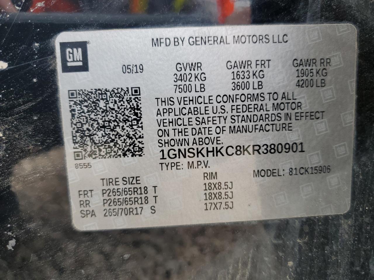 2019 Chevrolet Suburban K1500 Lt VIN: 1GNSKHKC8KR380901 Lot: 65181375