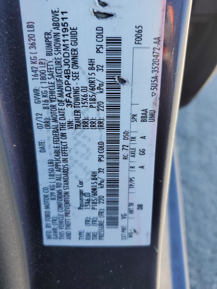 2013 Ford Fiesta Se VIN: 3FADP4BJ0DM119511 Lot: 64135255