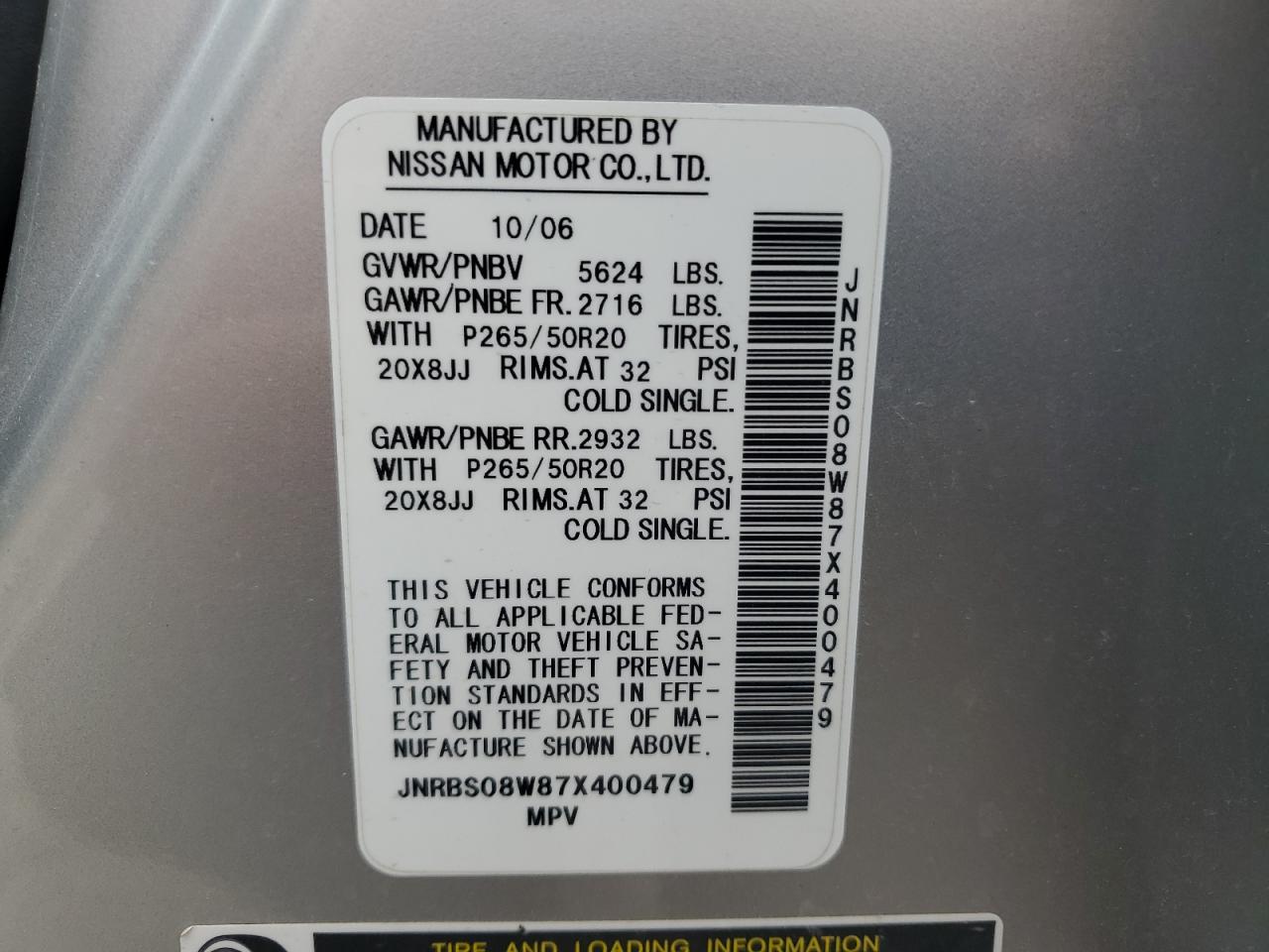 2007 Infiniti Fx45 VIN: JNRBS08W87X400479 Lot: 65040915