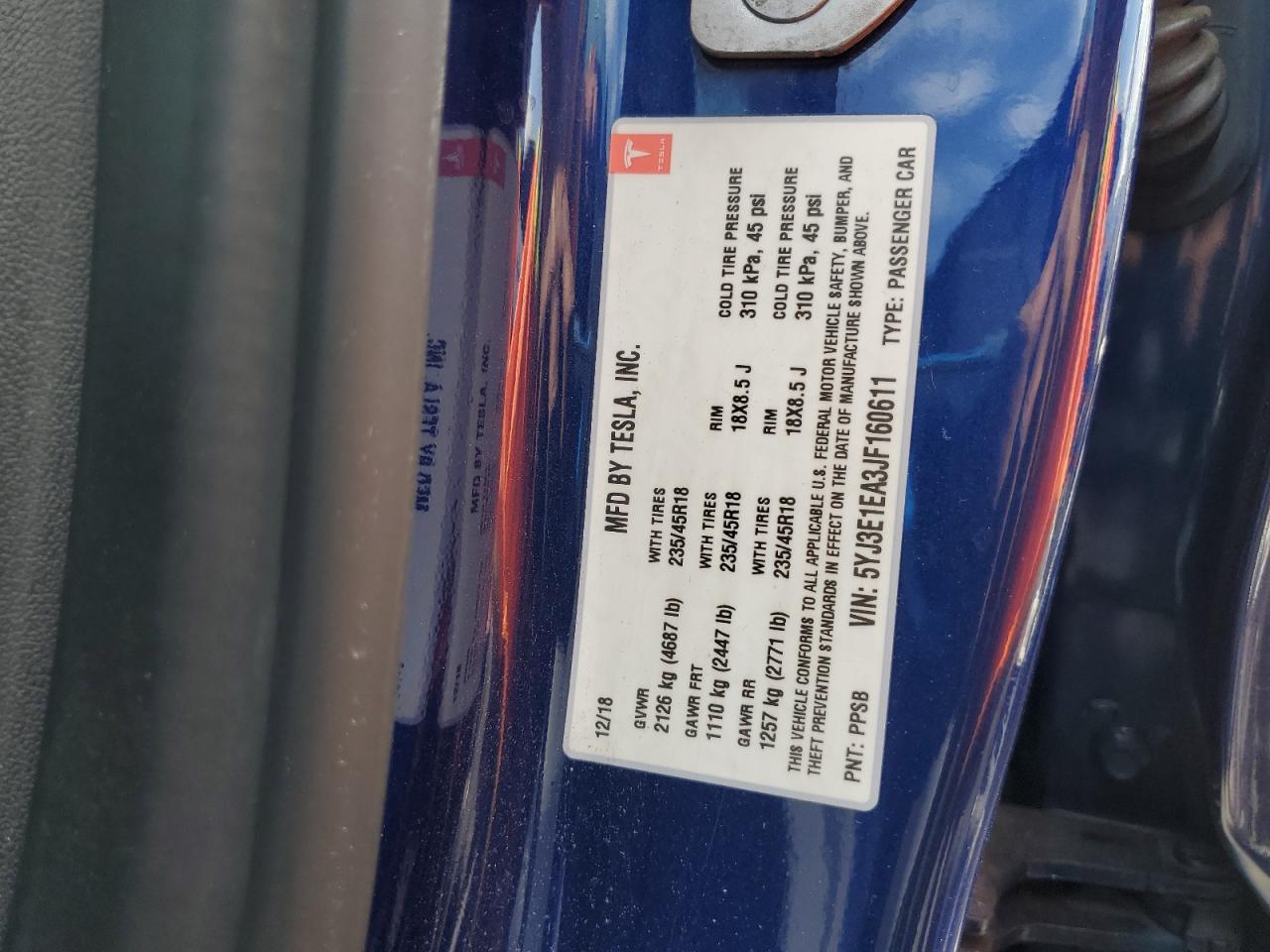 2018 Tesla Model 3 VIN: 5YJ3E1EA3JF160611 Lot: 63317885