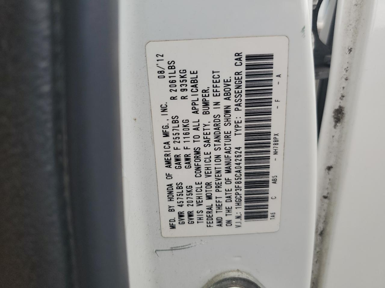2012 Honda Accord Exl VIN: 1HGCP3F85CA042624 Lot: 64928725