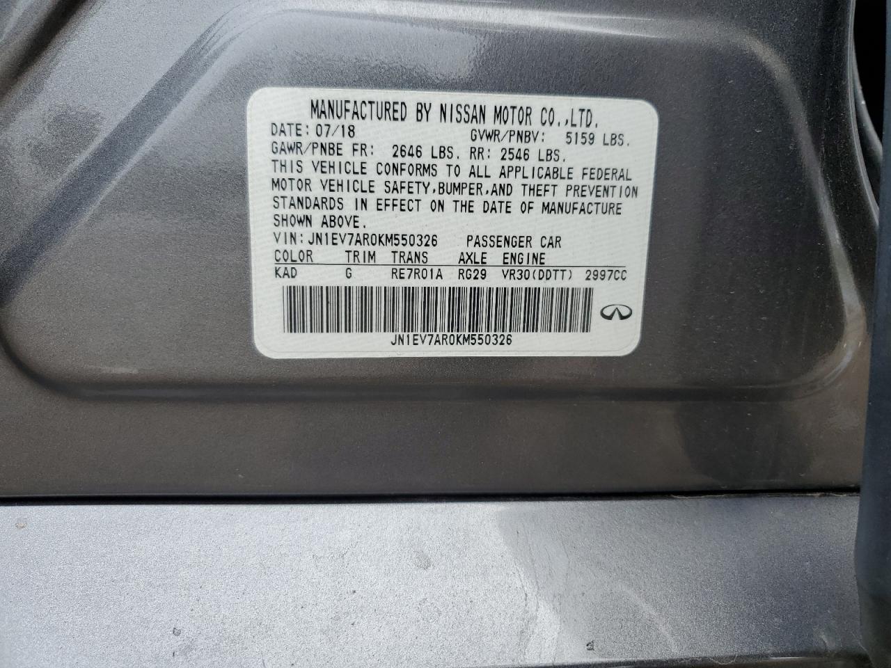 2019 Infiniti Q50 Luxe VIN: JN1EV7AR0KM550326 Lot: 65194735