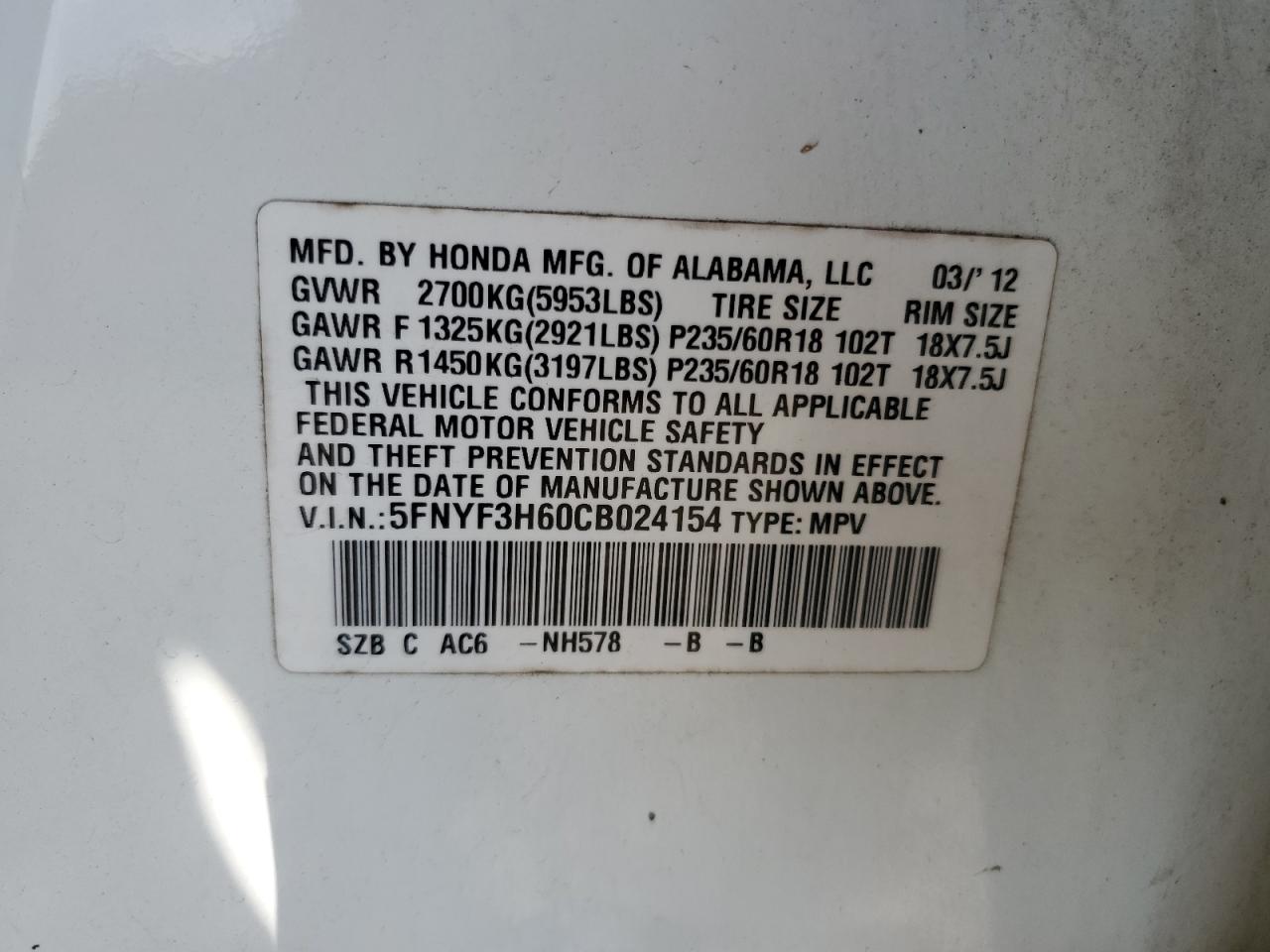 2012 Honda Pilot Exl VIN: 5FNYF3H60CB024154 Lot: 64988745