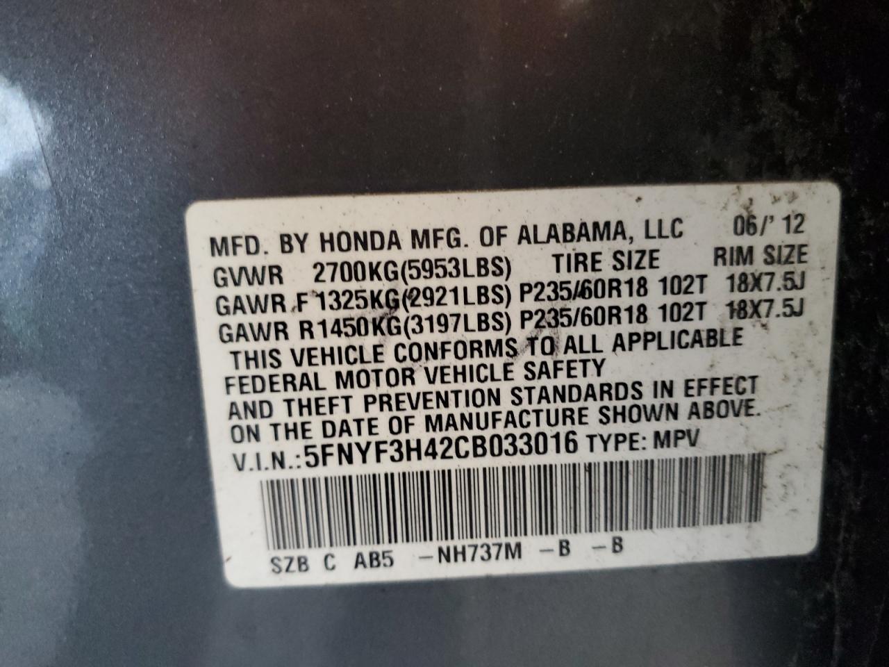 2012 Honda Pilot Ex VIN: 5FNYF3H42CB033016 Lot: 65016415