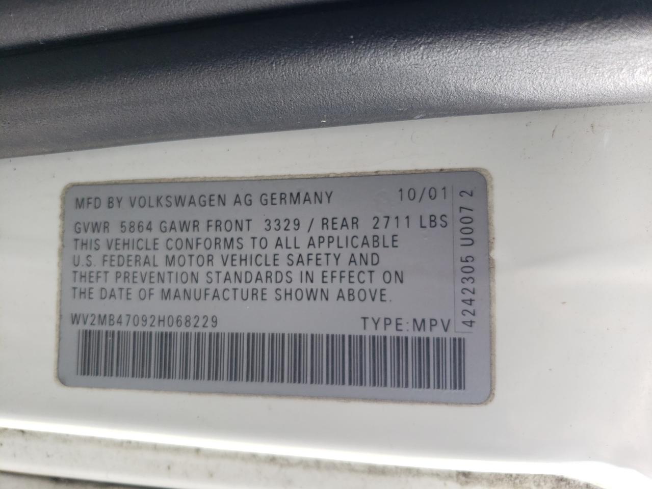 2002 Volkswagen Eurovan Mv VIN: WV2MB47092H068229 Lot: 64522515