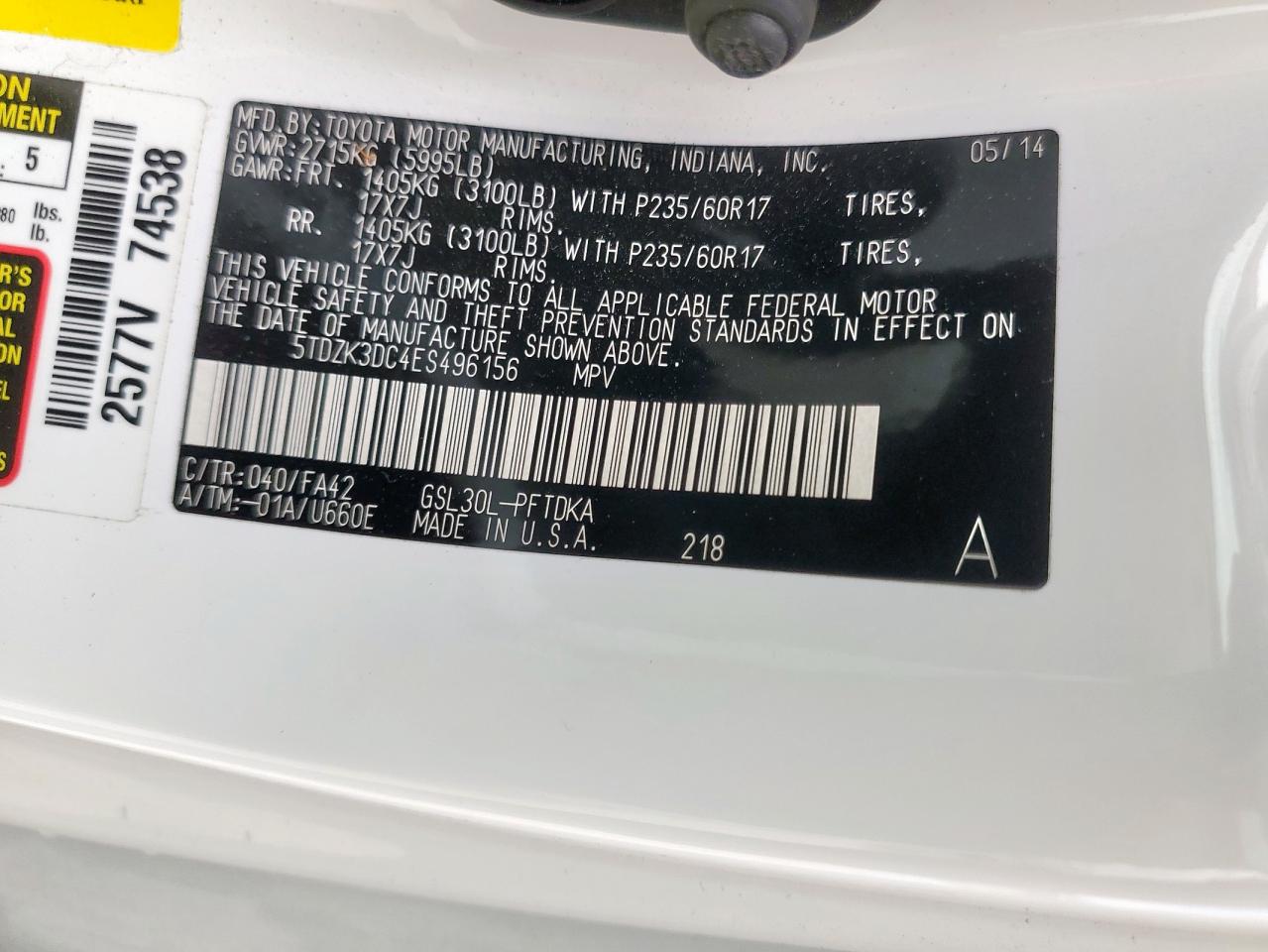 2014 Toyota Sienna VIN: 5TDZK3DC4ES496156 Lot: 64507075