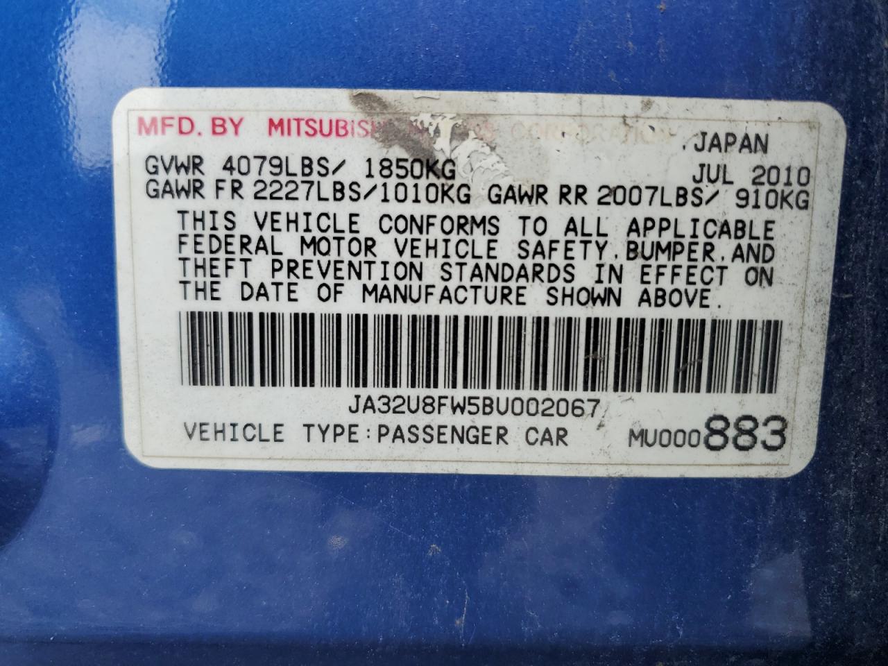 2011 Mitsubishi Lancer Gts VIN: JA32U8FW5BU002067 Lot: 64979335
