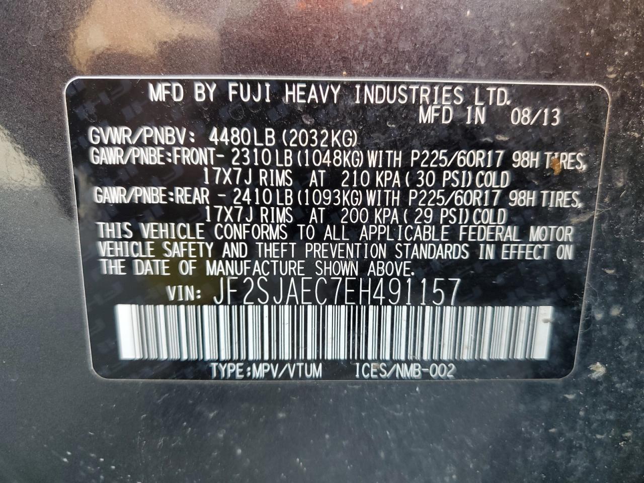 2014 Subaru Forester 2.5I Premium VIN: JF2SJAEC7EH491157 Lot: 66579115