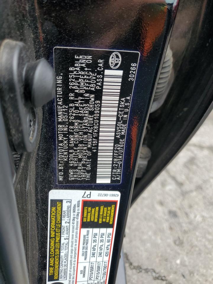 2012 Toyota Camry Base VIN: 4T1BF1FK8CU109059 Lot: 64482475