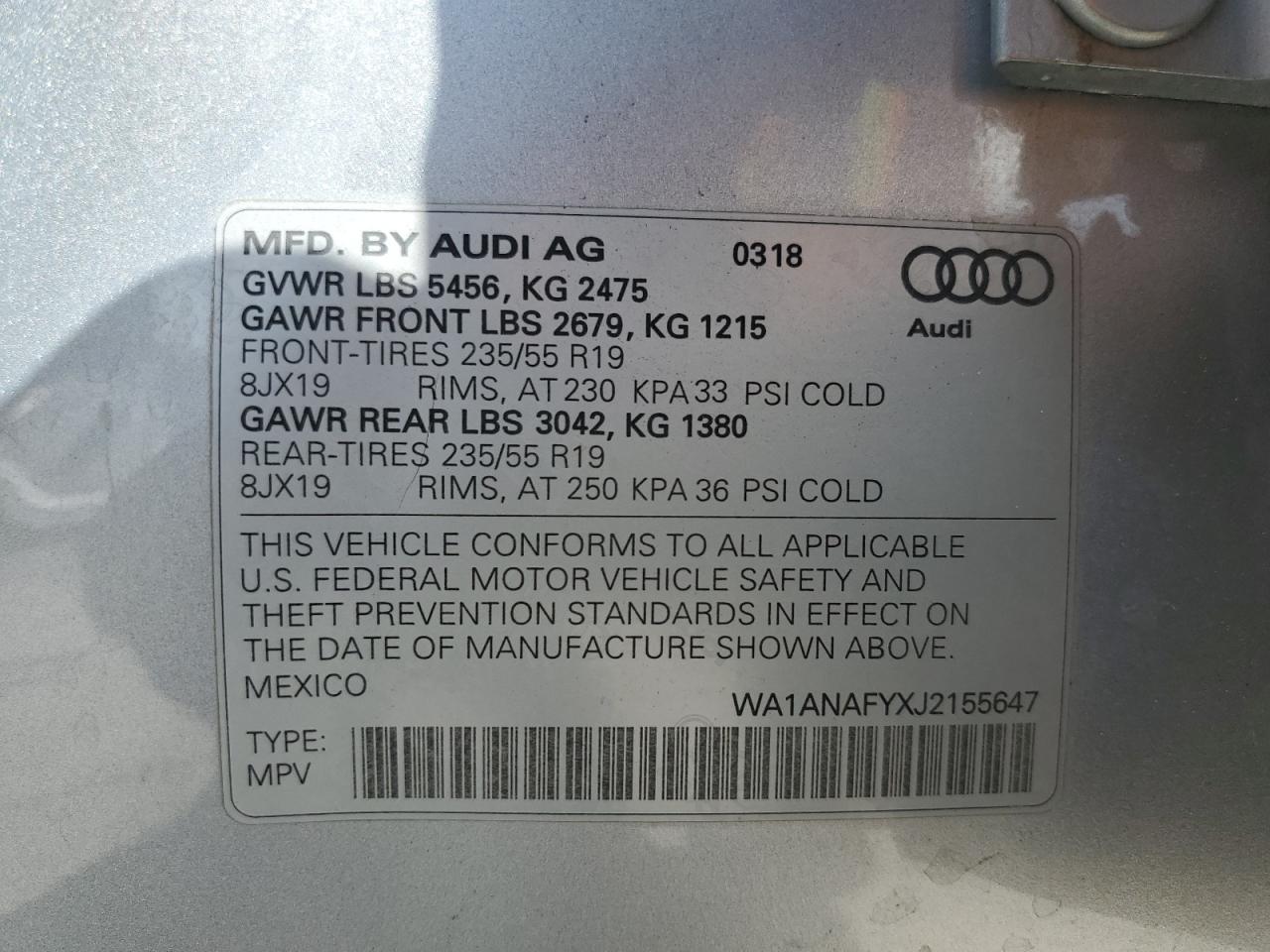 2018 Audi Q5 Premium VIN: WA1ANAFYXJ2155647 Lot: 64397905