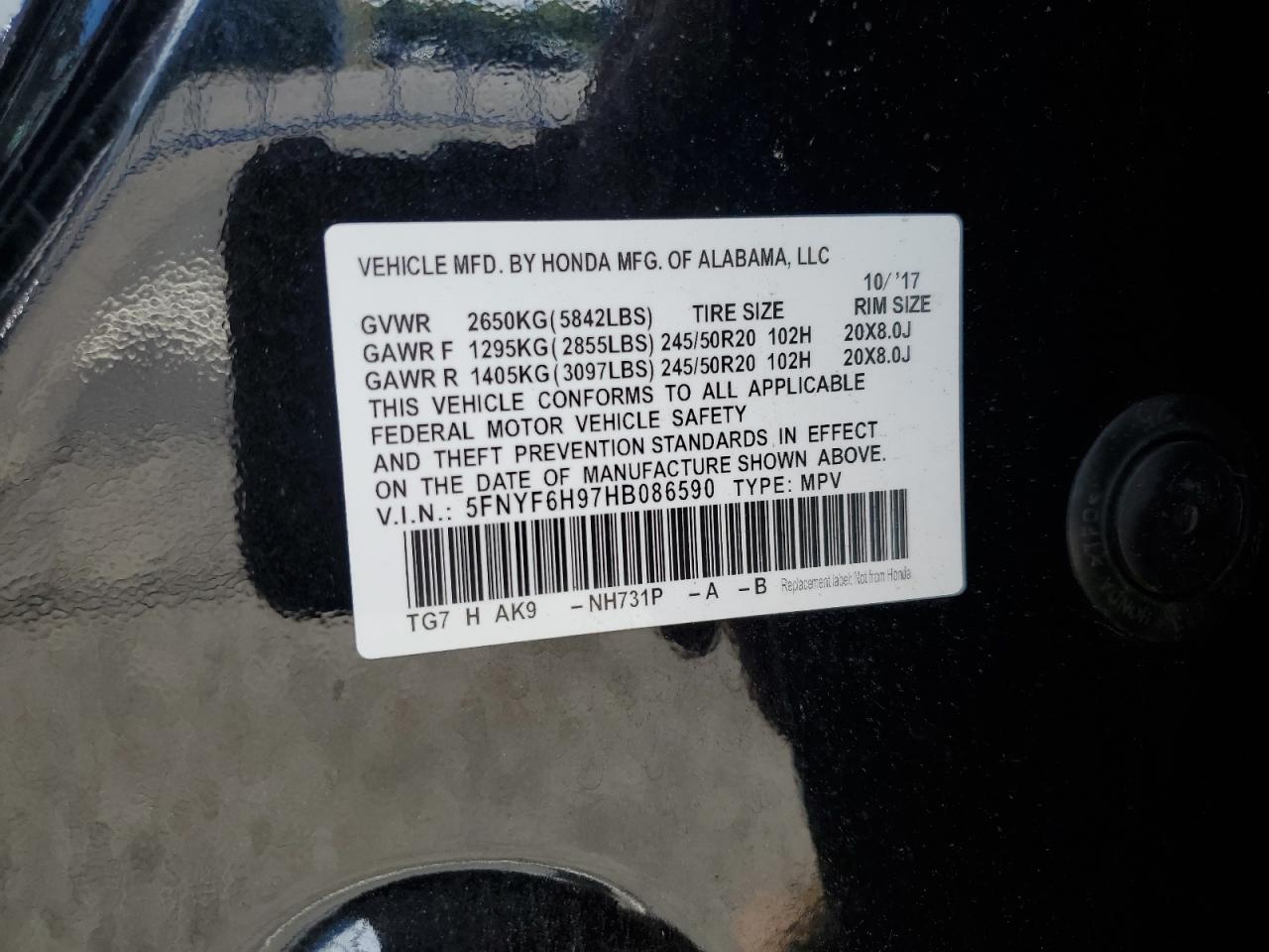 2017 Honda Pilot Touring VIN: 5FNYF6H97HB086590 Lot: 64651095