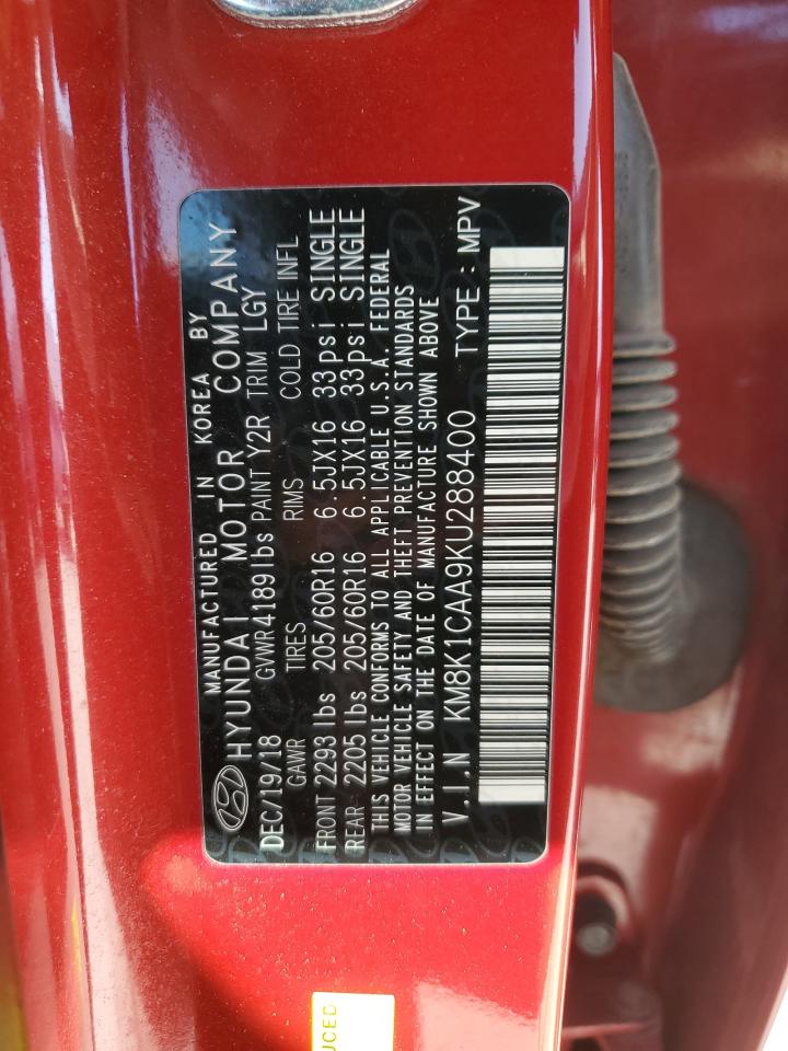 2019 Hyundai Kona Se VIN: KM8K1CAA9KU288400 Lot: 63292485
