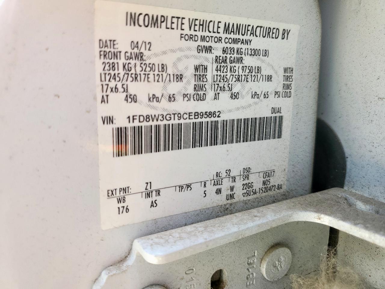 2012 Ford F350 Super Duty VIN: 1FD8W3GT9CEB95862 Lot: 63319115