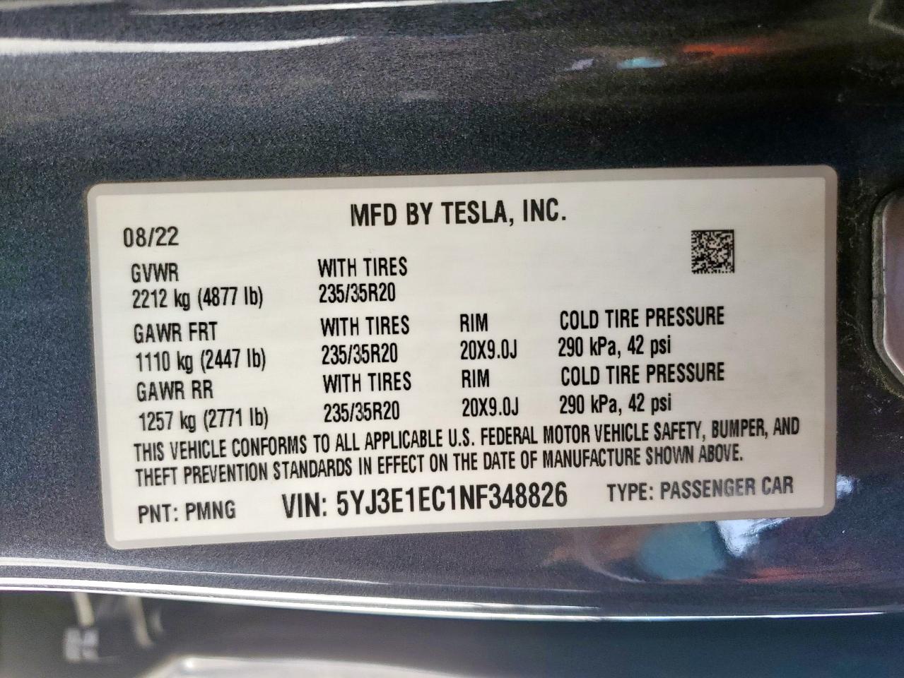 2022 Tesla Model 3 VIN: 5YJ3E1EC1NF348826 Lot: 64792145