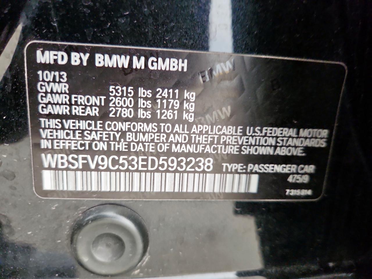 2014 BMW M5 VIN: WBSFV9C53ED593238 Lot: 63517955