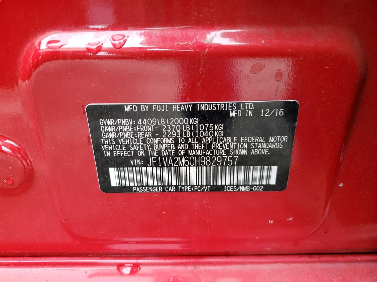 2017 Subaru Wrx Sti VIN: JF1VA2M60H9829757 Lot: 65420935