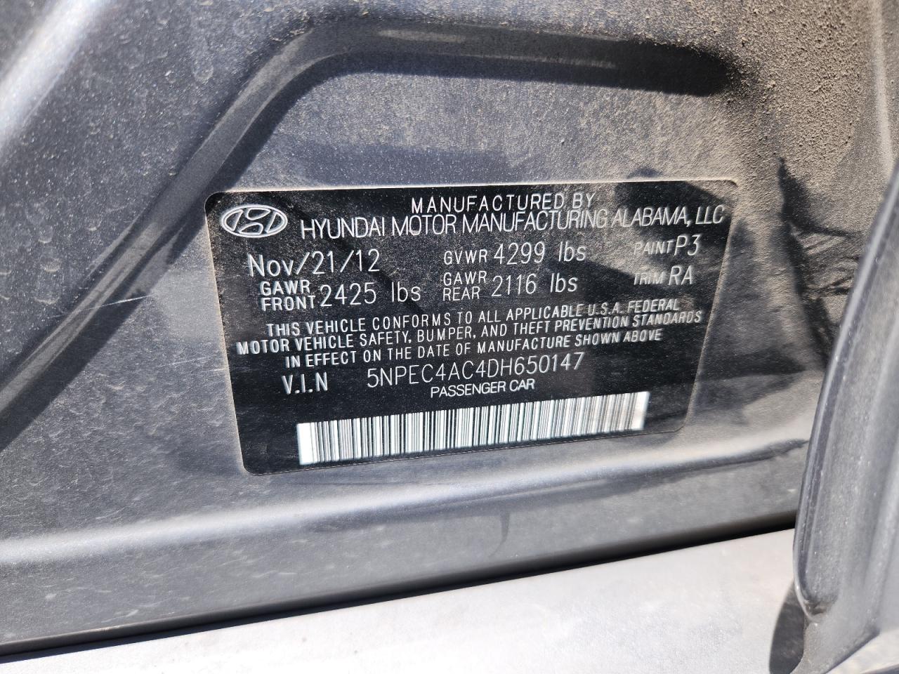 2013 Hyundai Sonata Se VIN: 5NPEC4AC4DH650147 Lot: 64603805