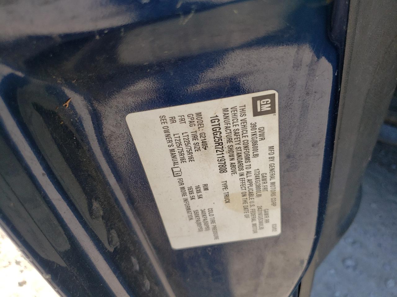 2002 GMC Savana G2500 VIN: 1GTGG25R721197808 Lot: 66360075