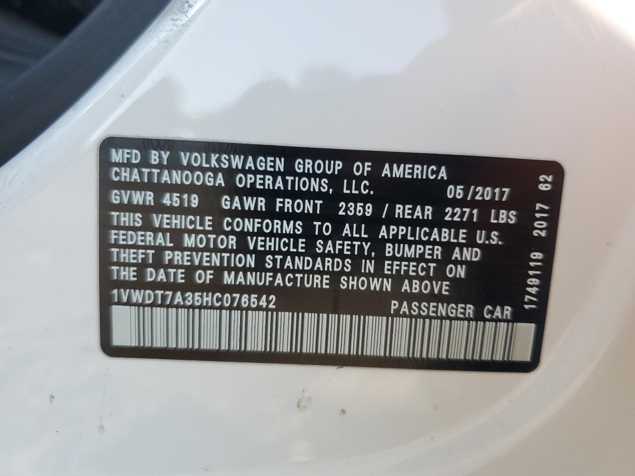 2017 Volkswagen Passat R-Line VIN: 1VWDT7A35HC076542 Lot: 66229175